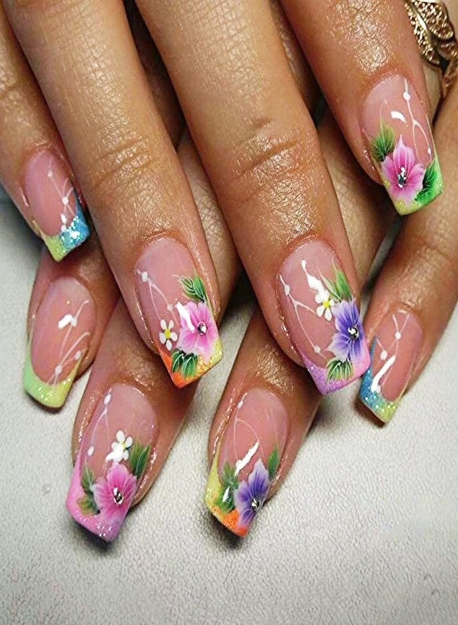 HJKDSFD Spring Press on Nails Short Square Fake Nails Colorful French Tip Acrylic Nails Press on Flower False Nails Full Cover Stick on Nails Reusable Artificial Glue on Nails for Women Girls 24Pcs - Image 1